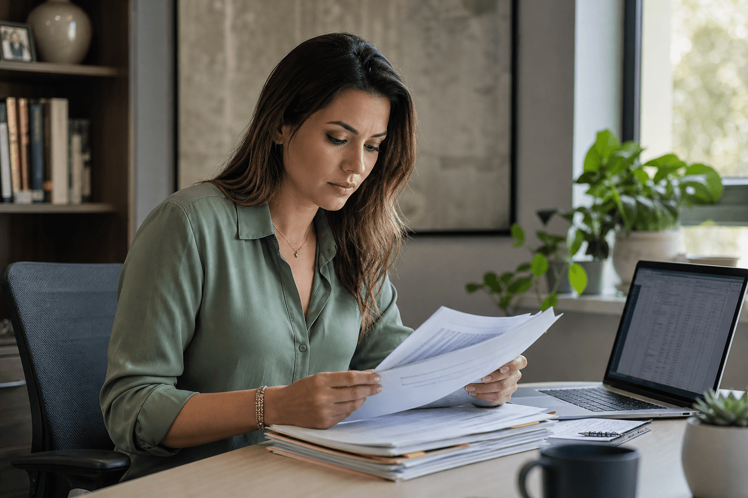 A behavioral-health billing specialist reviewing a stack of insurance denial letters beside a laptop of claim data.